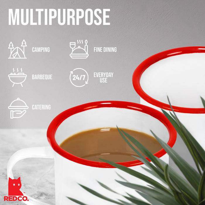 Red Co. Set of 6 Enamelware Metal Medium Classic 12 Oz Round Coffee and Tea Mug with Handle, Solid White/Color Rim