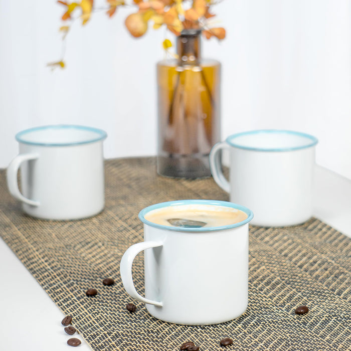 Red Co. Set of 6 Enamelware Metal Medium Classic 12 Oz Round Coffee and Tea Mug with Handle, Solid White/Color Rim