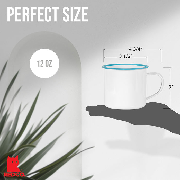 Red Co. Set of 6 Enamelware Metal Medium Classic 12 Oz Round Coffee and Tea Mug with Handle, Solid White/Color Rim