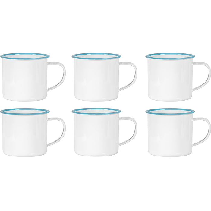 Red Co. Set of 6 Enamelware Metal Medium Classic 12 Oz Round Coffee and Tea Mug with Handle, Solid White/Color Rim