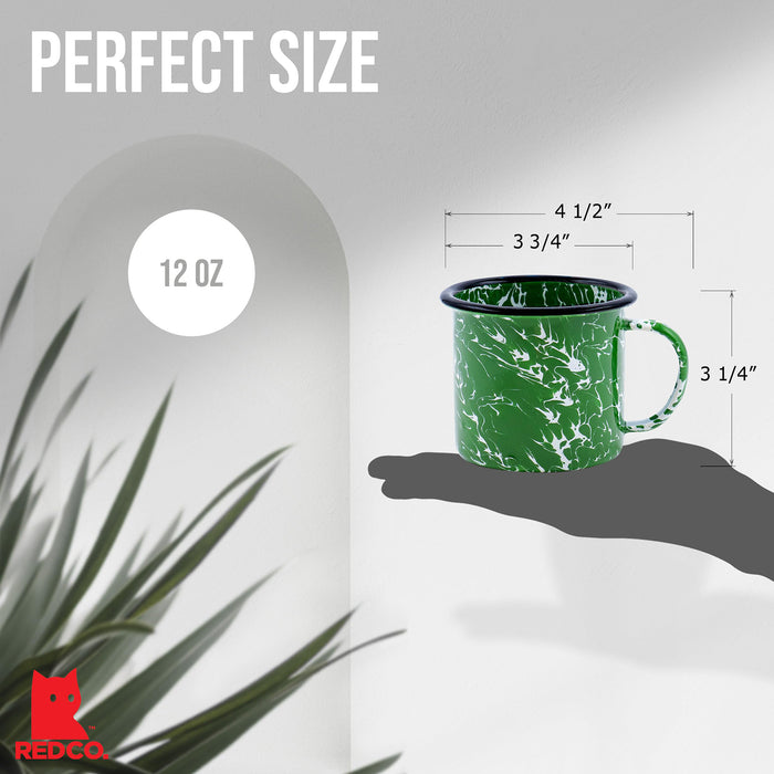 Red Co. Set of 6 Enamelware Metal Medium Classic 12 Oz Round Coffee and Tea Mug with Handle, Dark Green Marble/Black Rim – Splatter Design