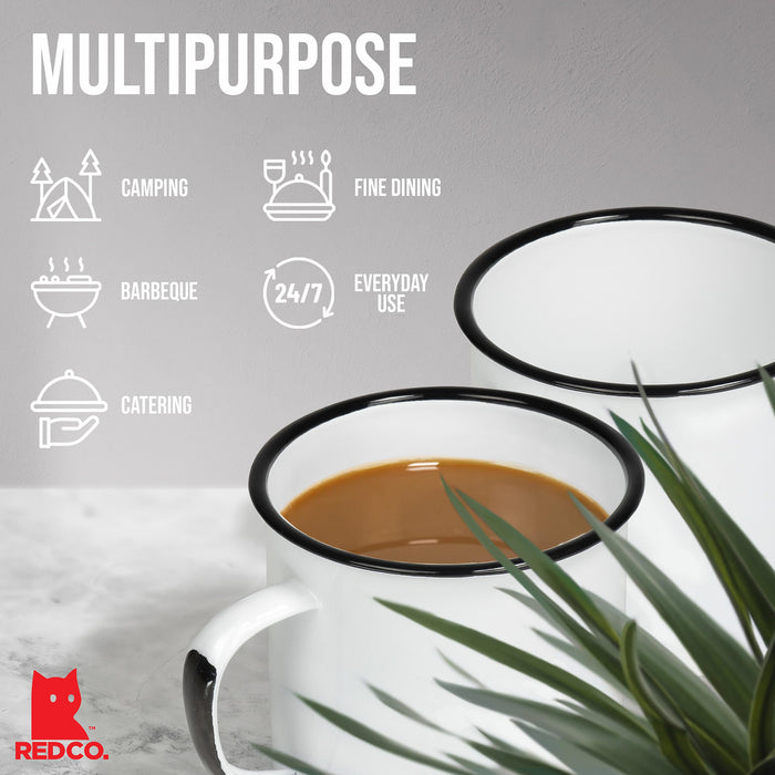 Red Co. Enamelware Metal Large Classic 22 Oz Round Coffee and Tea Mug with Handle, Distressed White/Black Rim