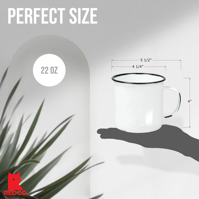 Red Co. Enamelware Metal Large Classic 22 Oz Round Coffee and Tea Mug with Handle, Distressed White/Black Rim