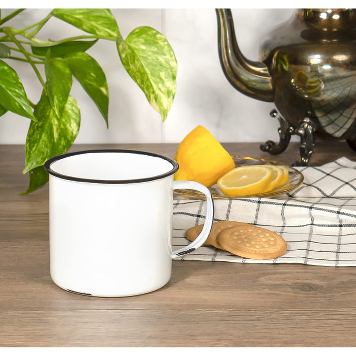 Red Co. Enamelware Metal Large Classic 22 Oz Round Coffee and Tea Mug with Handle, Distressed White/Black Rim