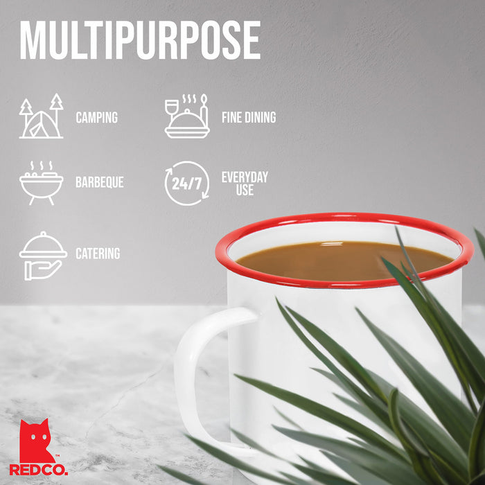 Red Co. Enamelware Metal Large Classic 22 Oz Round Coffee and Tea Mug with Handle, Solid White/Red Rim