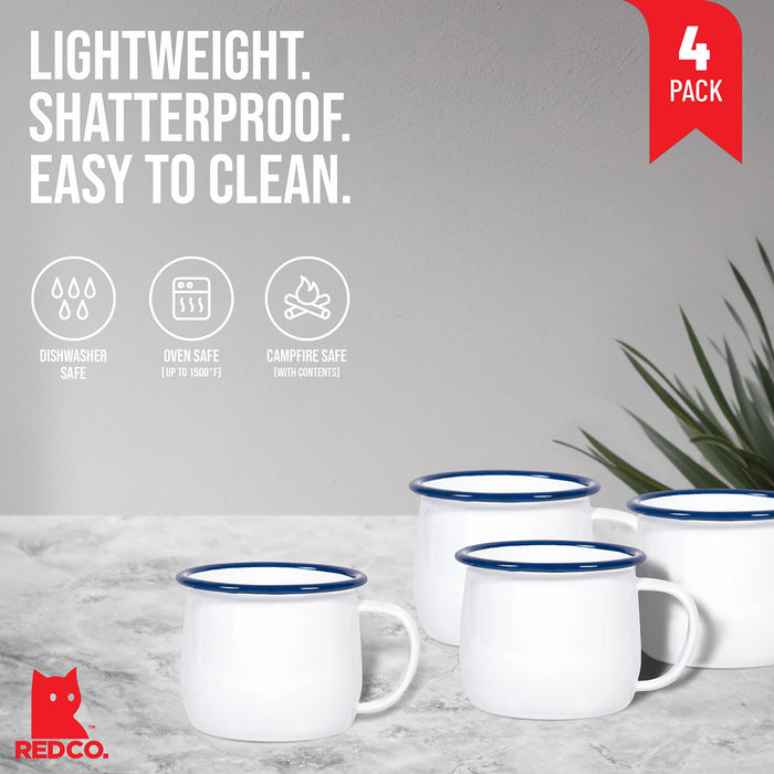 Red Co. Set of 4 Enamelware Metal 12 Oz Round Camping Mugs, Solid White/Color Rim