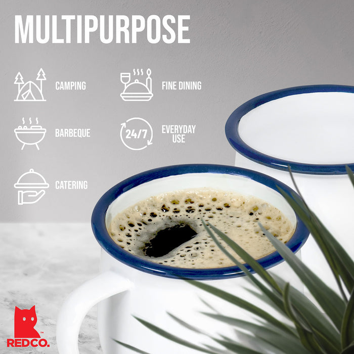 Red Co. Set of 4 Enamelware Metal 12 Oz Round Camping Mugs, Solid White/Color Rim