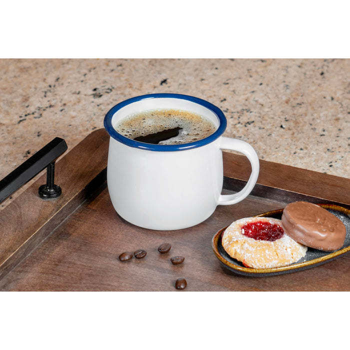 Red Co. Set of 4 Enamelware Metal 12 Oz Round Camping Mugs, Solid White/Color Rim