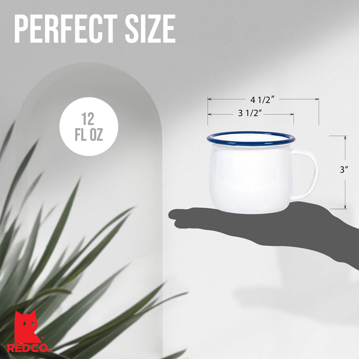 Red Co. Set of 4 Enamelware Metal 12 Oz Round Camping Mugs, Solid White/Color Rim