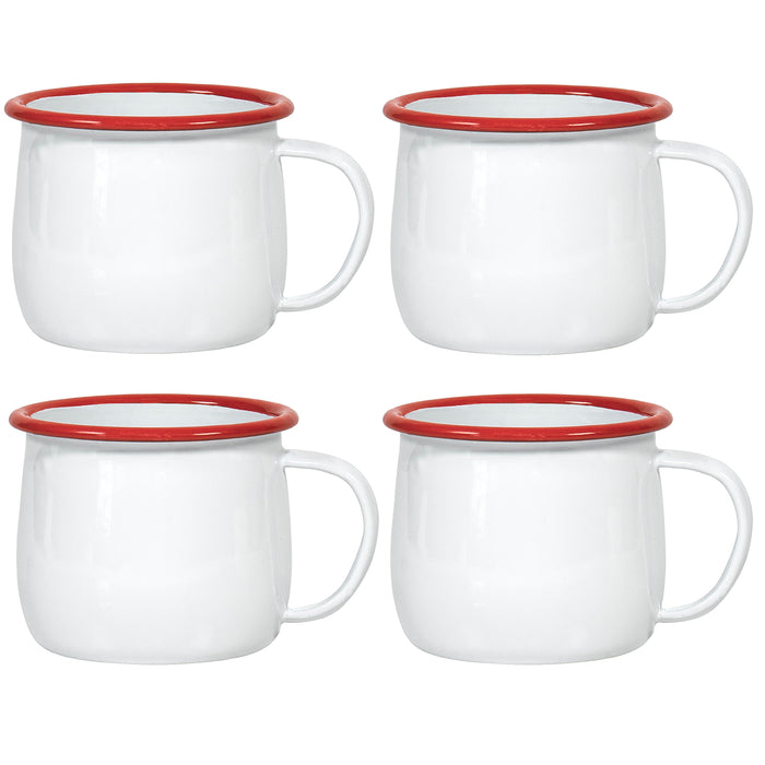 Red Co. Set of 4 Enamelware Metal 13.5 Oz Round Camping Mugs with Handle, Solid White/Colored Rim