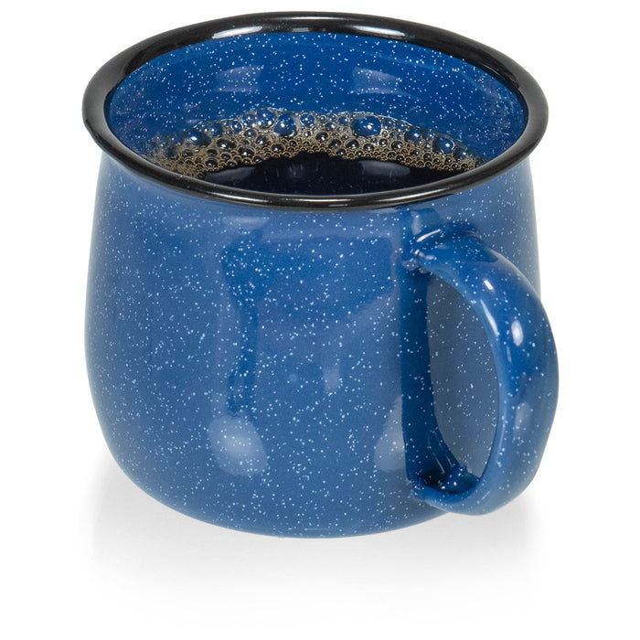 Red Co. Set of 4 Enamelware Metal 12 Oz Round Camping Coffee Mugs with Handle, White-Speckled/Black Rim