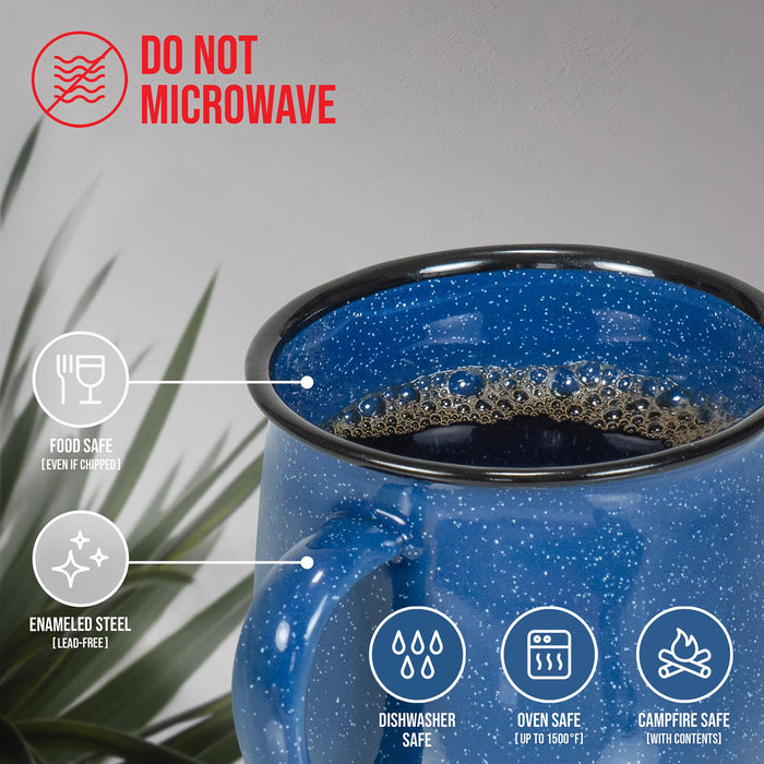 Red Co. Set of 4 Enamelware Metal 12 Oz Round Camping Coffee Mugs with Handle, White-Speckled/Black Rim