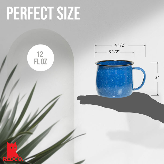 Red Co. Set of 4 Enamelware Metal 12 Oz Round Camping Coffee Mugs with Handle, White-Speckled/Black Rim