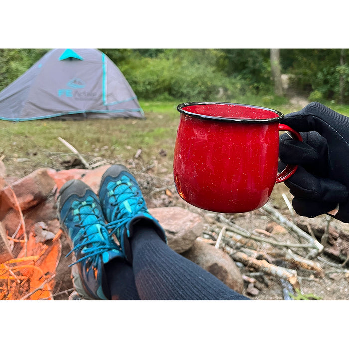 Red Co. Set of 4 Enamelware Metal 12 Oz Round Camping Coffee Mugs with Handle, White-Speckled/Black Rim
