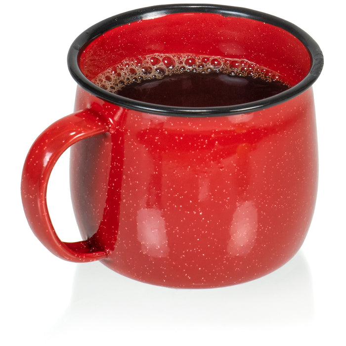 Red Co. Set of 4 Enamelware Metal 12 Oz Round Camping Coffee Mugs with Handle, White-Speckled/Black Rim