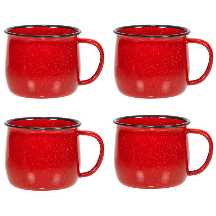 Red Co. Set of 4 Enamelware Metal 12 Oz Round Camping Coffee Mugs with Handle, White-Speckled/Black Rim