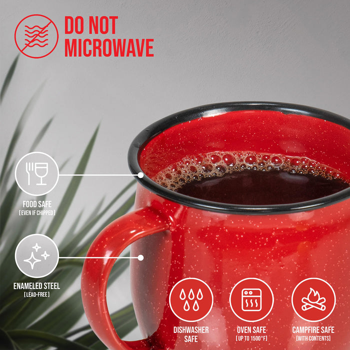 Red Co. Set of 4 Enamelware Metal 12 Oz Round Camping Coffee Mugs with Handle, White-Speckled/Black Rim