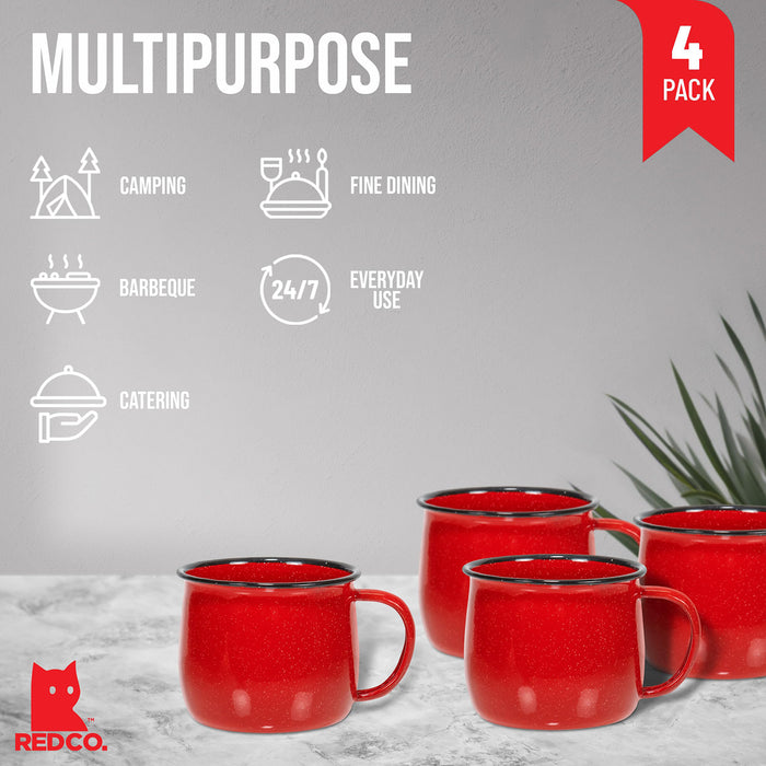 Red Co. Set of 4 Enamelware Metal 12 Oz Round Camping Coffee Mugs with Handle, White-Speckled/Black Rim