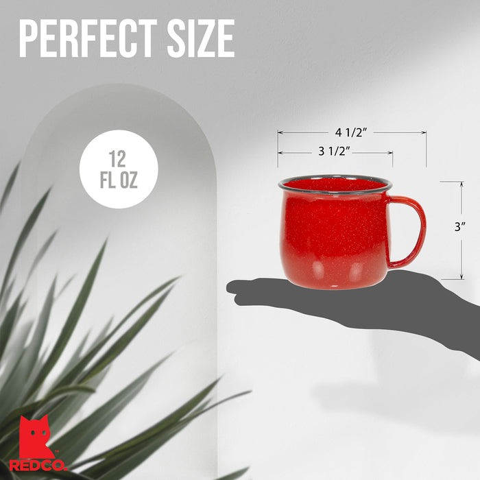Red Co. Set of 4 Enamelware Metal 12 Oz Round Camping Coffee Mugs with Handle, White-Speckled/Black Rim