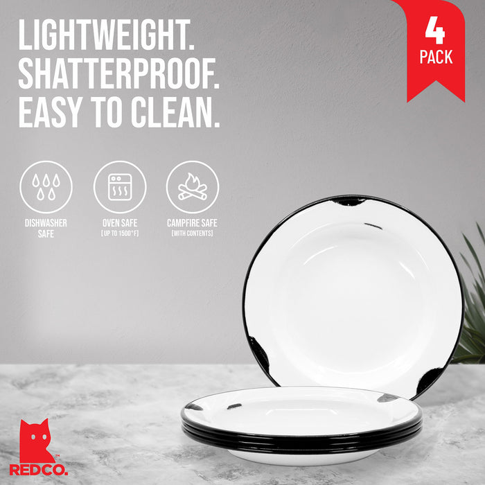 Red Co. Enamelware Classic 8 inch Round Flat Salad Plate, Distressed White/Black Rim - Set of 4