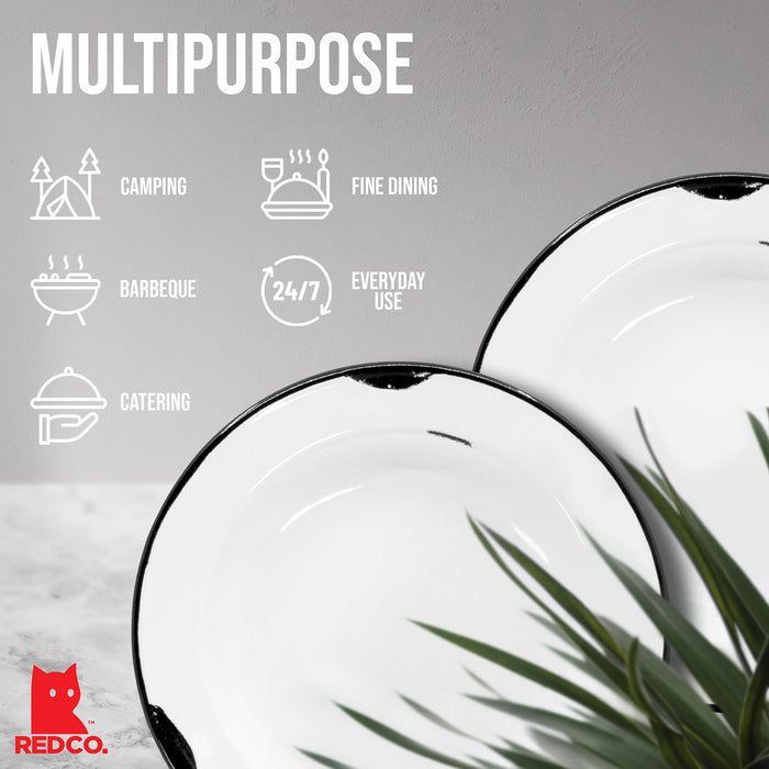 Red Co. Enamelware Classic 8 inch Round Flat Salad Plate, Distressed White/Black Rim - Set of 4