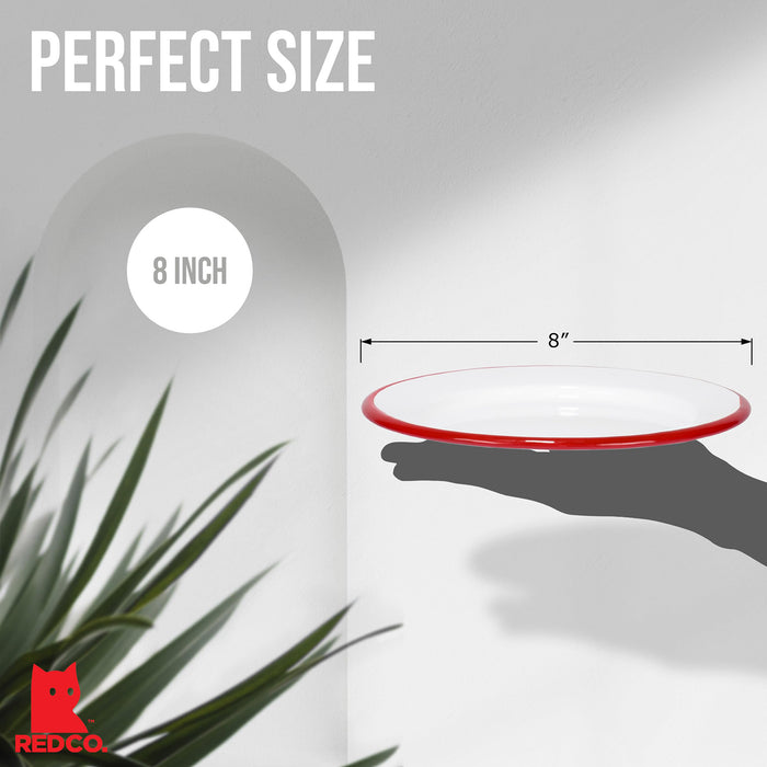 Red Co. Set of 4 Enamelware Metal Classic 8" Round Salad Plate, Solid White/Color Rim