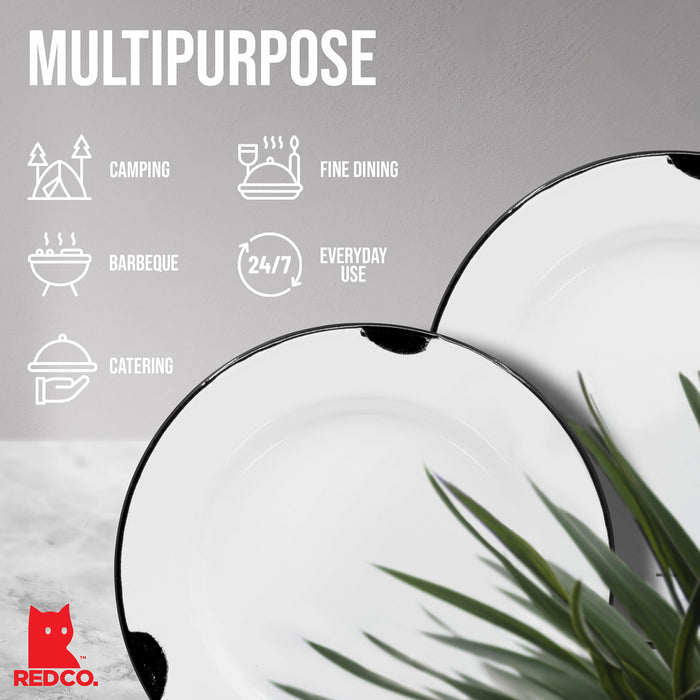 Red Co. Enamelware Classic 10 inch Round Dinner Plate, Distressed White/Black Rim - Set of 4