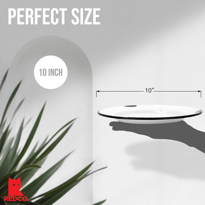 Red Co. Enamelware Classic 10 inch Round Dinner Plate, Distressed White/Black Rim - Set of 4