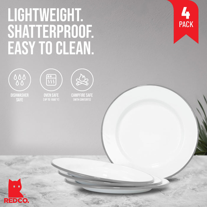 Red Co. Set of 4 Enamelware Metal Classic 10" Round Dinner Plate, Solid White/Color Rim