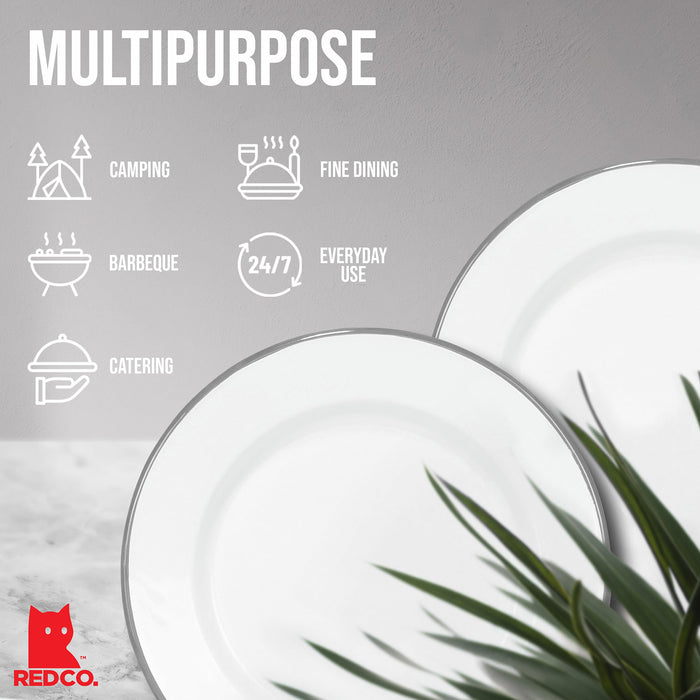 Red Co. Set of 4 Enamelware Metal Classic 10" Round Dinner Plate, Solid White/Color Rim