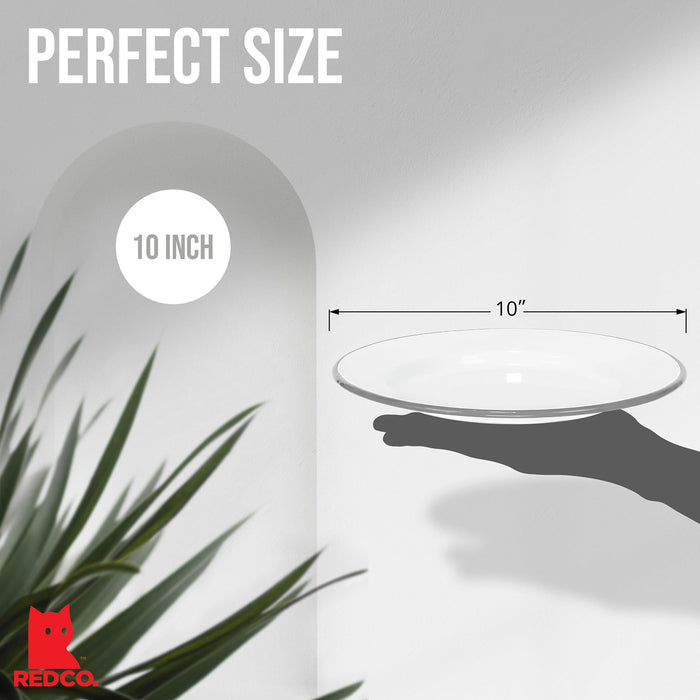 Red Co. Set of 4 Enamelware Metal Classic 10" Round Dinner Plate, Solid White/Color Rim