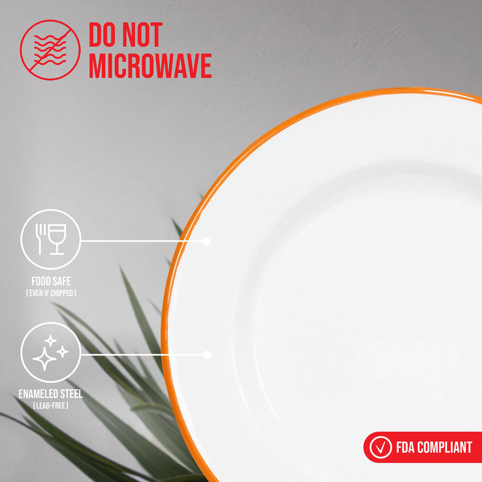 Red Co. Set of 4 Enamelware Metal Classic 10" Round Dinner Plate, Solid White/Color Rim