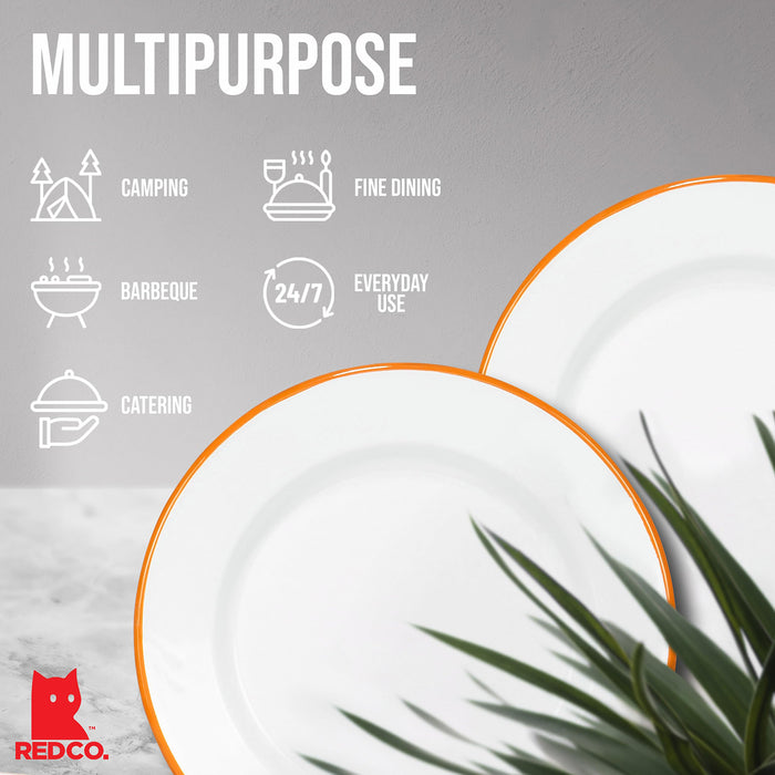 Red Co. Set of 4 Enamelware Metal Classic 10" Round Dinner Plate, Solid White/Color Rim