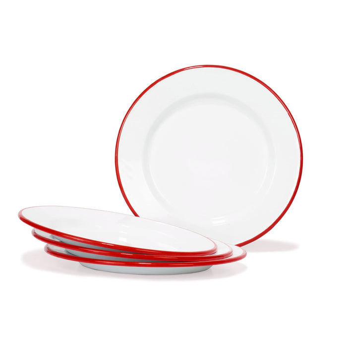 Red Co. Set of 4 Enamelware Metal Classic 10" Round Dinner Plate, Solid White/Color Rim