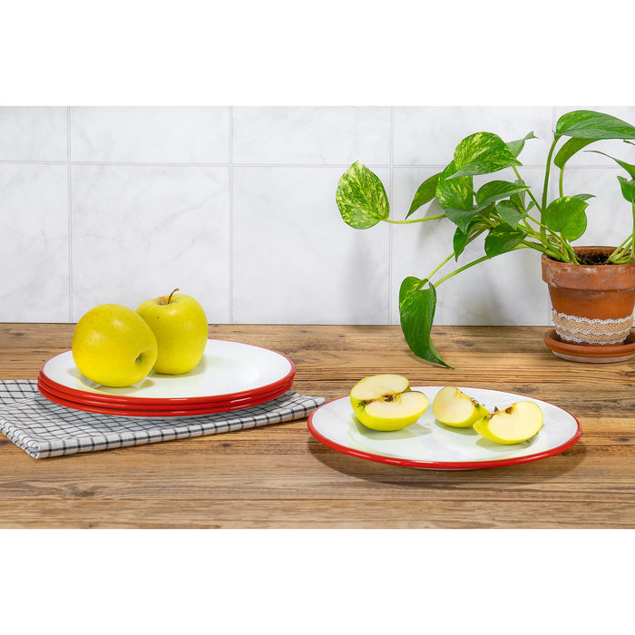 Red Co. Set of 4 Enamelware Metal Classic 10" Round Dinner Plate, Solid White/Color Rim