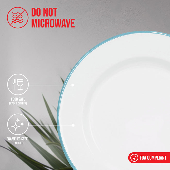 Red Co. Set of 4 Enamelware Metal Classic 10" Round Dinner Plate, Solid White/Color Rim