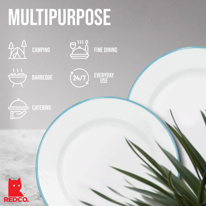 Red Co. Set of 4 Enamelware Metal Classic 10" Round Dinner Plate, Solid White/Color Rim