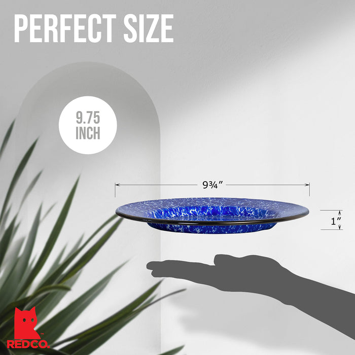 Red Co. Set of 4 Enamelware Metal Classic 10" Round Dinner Plate, Navy Blue Marble/Black Rim - Splatter Design