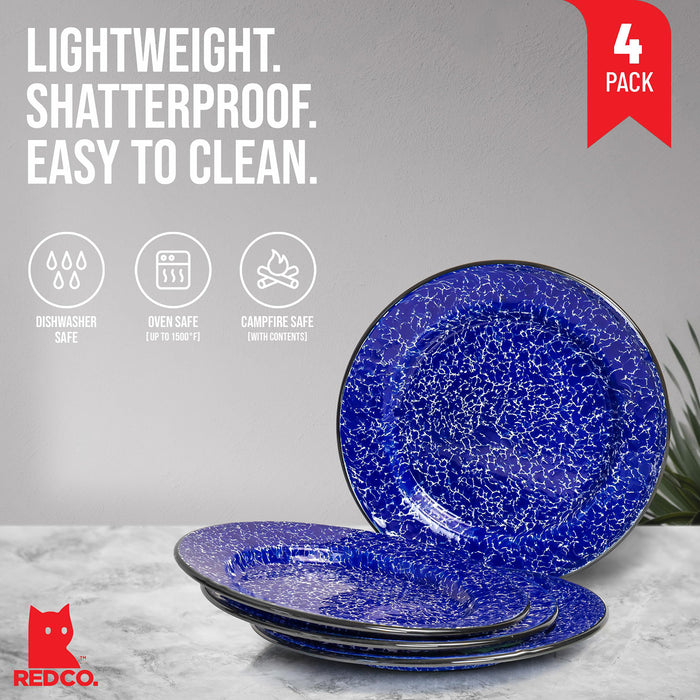 Red Co. Set of 4 Enamelware Metal Classic 10" Round Dinner Plate, Navy Blue Marble/Black Rim - Splatter Design