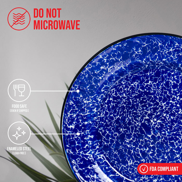 Red Co. Set of 4 Enamelware Metal Classic 10" Round Dinner Plate, Navy Blue Marble/Black Rim - Splatter Design