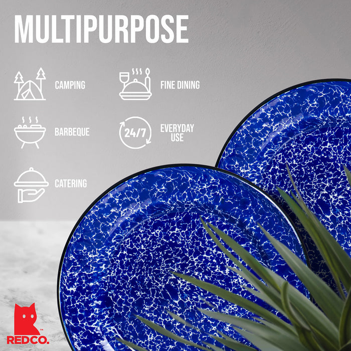 Red Co. Set of 4 Enamelware Metal Classic 10" Round Dinner Plate, Navy Blue Marble/Black Rim - Splatter Design