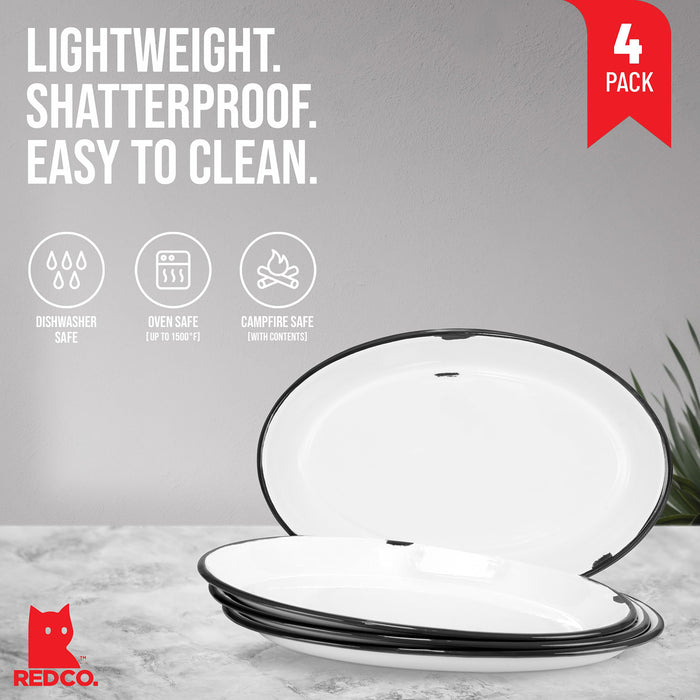 Red Co. Set of 4 Enamelware Metal Classic 13” Serving Oval Tray Platter, Distressed White/Black Rim