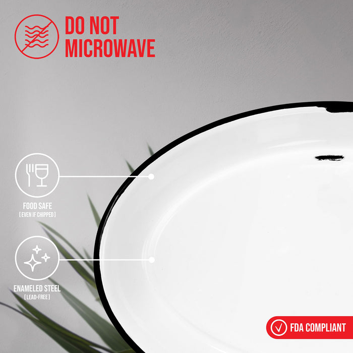 Red Co. Set of 4 Enamelware Metal Classic 13” Serving Oval Tray Platter, Distressed White/Black Rim