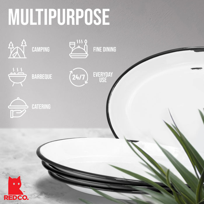 Red Co. Set of 4 Enamelware Metal Classic 13” Serving Oval Tray Platter, Distressed White/Black Rim