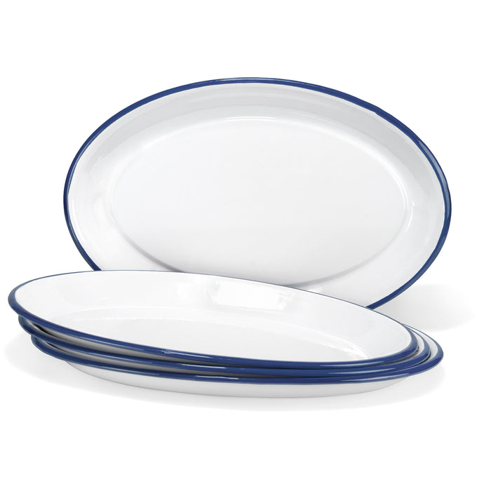 Red Co. Set of 4 Enamelware Metal Classic 13" Serving Oval Tray Platter, Solid White/Painted Rim