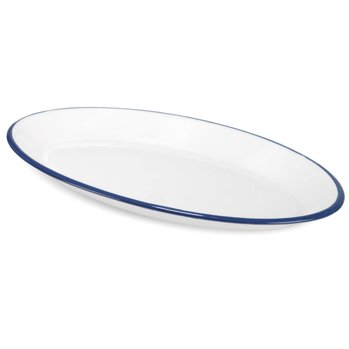 Red Co. Enamelware Metal Classic 13" Serving Oval Tray Platter, Solid White/Color Rim