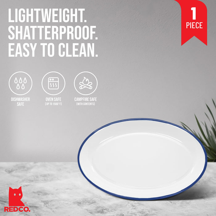 Red Co. Enamelware Metal Classic 13" Serving Oval Tray Platter, Solid White/Color Rim