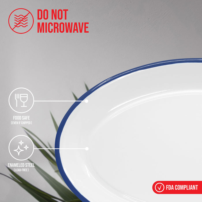 Red Co. Enamelware Metal Classic 13" Serving Oval Tray Platter, Solid White/Color Rim