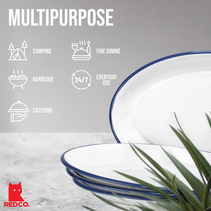 Red Co. Enamelware Metal Classic 13" Serving Oval Tray Platter, Solid White/Color Rim