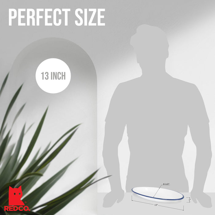 Red Co. Enamelware Metal Classic 13" Serving Oval Tray Platter, Solid White/Color Rim